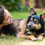 Pessoa feliz ao lado de cachorro adotado, mostrando benefícios emocionais