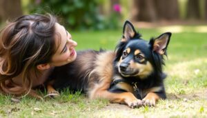 Pessoa feliz ao lado de cachorro adotado, mostrando benefícios emocionais